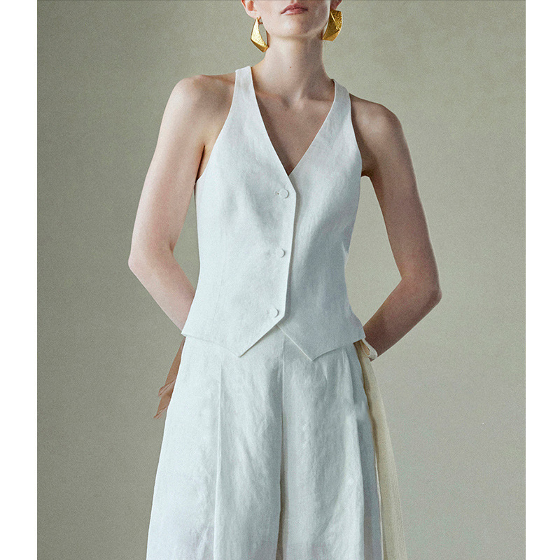 Heavy Industry Pure Linen Slimming V-neck I-shaped Vest Early Spring New 2025 Old Money Style Suit Elegant Vest for Women in Summer