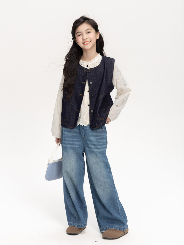 女童牛仔马甲2025秋季新款儿童复古圆领背心中大童休闲纯色上衣潮|undefined