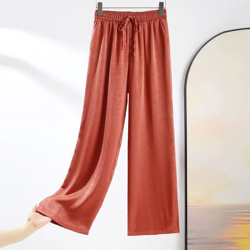 Pantalones anchos de satén de ácido acético chino de estilo fino de verano para mujer, pantalones casuales de cintura alta sueltos rectos 2025 explosivos
