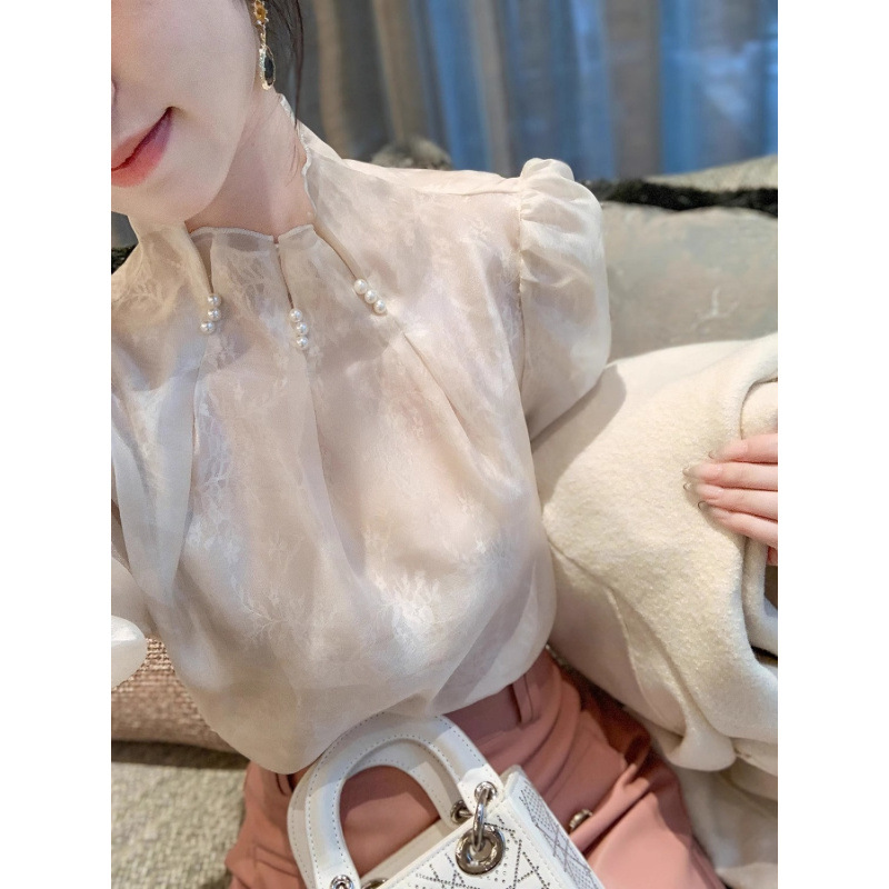 2025 새로운 스타일의 작은 향기 스탠드 칼라 더블 레이어 쉬폰 셔츠 여성 봄, 가을 새로운 프랑스 스타일 하이 엔드 기질 탑