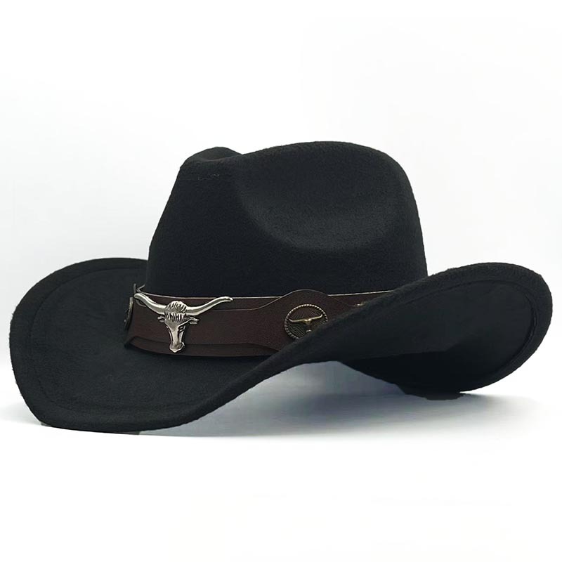 Amazon's Best-Selling Hat Ethnic Style Cow Logo Western Cowboy Hat Rolled Brim Retro Riding Hat Woolen Felt Hat