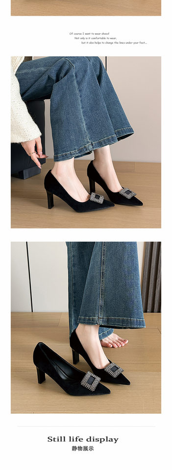 Giày cao gót nữ mũi nhọn gót vuông 6–8 cm da lộn mài nhám đính đá khóa vuông — Màu nâu, Xanh lá cây, màu đen chi tiết 10