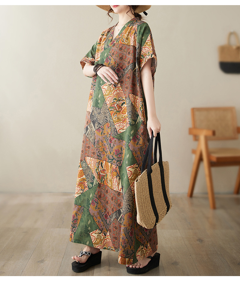 Vintage V-ausschnitt Strandkleid Aus Baumwollleinen Locker Geschnitten_voghion.com