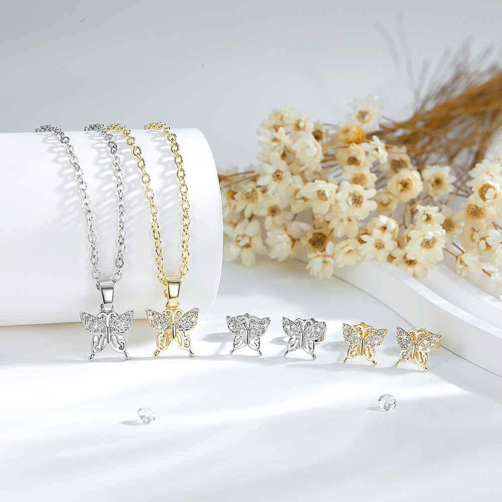 Amazon venta caliente mariposa juegos de joyería damas cobre oro 14K zircon colgante collar pendientes joyería al por mayor image 1
