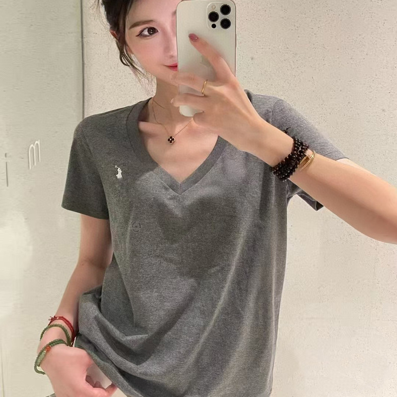 RL Raff Pony V-neck Short Sleeve Eight-color High Version Sweep Code Men's and Women's Loose Slim YB Support for Hair