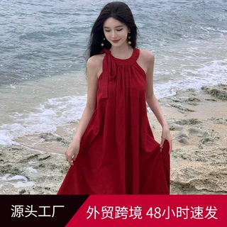 法式高级氛围感红色绑带挂脖连衣裙夏季无袖海边度假风绝美长裙子