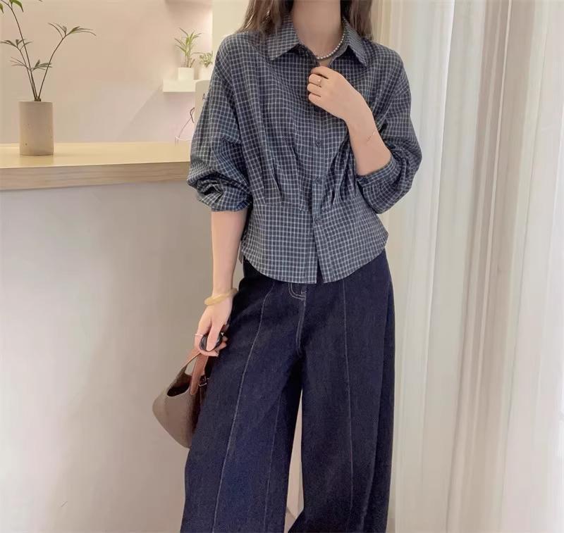 大码胖mm韩系格子长袖衬衫女装早秋2025新款高级收腰显瘦小衫上衣|undefined