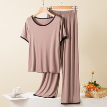 莫代尔短袖长裤睡衣套装女夏季薄款凉感家居服宽松休闲纯色空调服