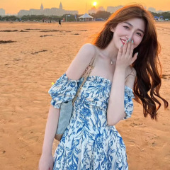 1*1オリジナルのやり方三亜海辺休暇アンドロメダワンピースフランス一字襟ロングスカート夏写真旅行