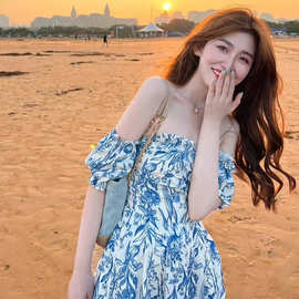 1*1原版做法三亚海边度假仙女连衣裙法式一字领长裙夏拍照旅游