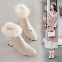真兔毛雪地靴女2025年冬季新款绒面高跟马丁靴加绒加厚保暖棉靴子
