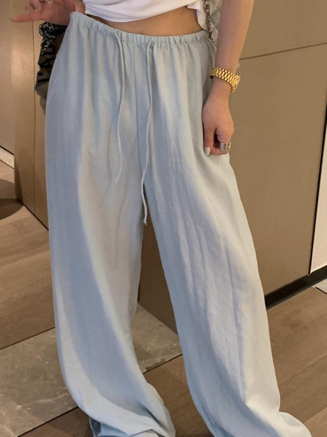 Quần culottes nữ ống rộng cạp chun rút dây chất liệu linen phối tencel dáng dài mùa hè — màu đen, Trà trắng, xanh lam