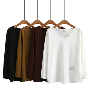 Plus size women's clothing early autumn new slimming V-neck bottoming shirt Korean style loose all-match casual long-sleeved T-shirt 262223