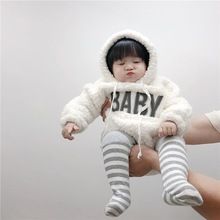 ins韩国婴幼儿可爱毛绒绒连体卫衣宝宝加厚加绒字母包屁哈衣爬服