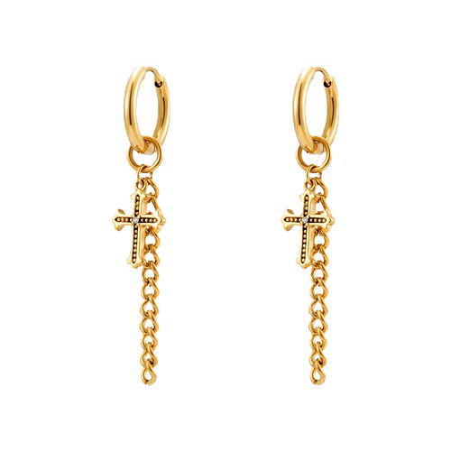 Japanese and Korean new trendy men's cross chain earrings stainless steel earrings hip-hop personality long tassel earrings