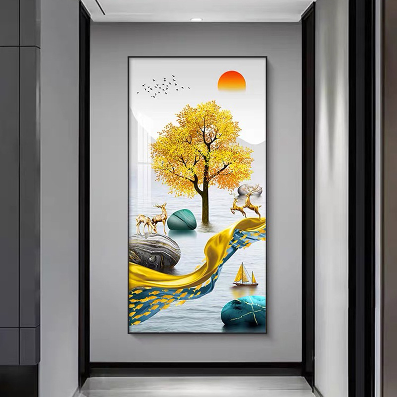 Entrance Hallway Corridor Wall Texture Hanging Painting, Landscape Scenery for Wealth and Prosperity, Entrance Decoration Painting in Crystal Porcelain
