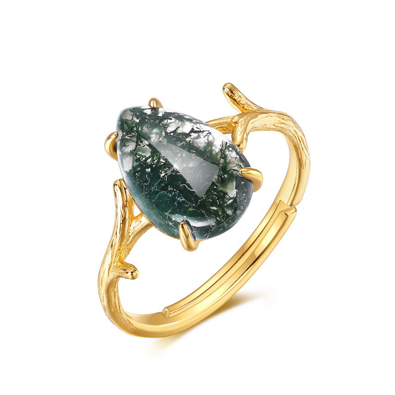 Atmósfera transfronteriza europea y americana Anillo cepillado de ágata de hierba de agua simple Mujer S925 Anillo de dedo alimentador de ágata de hierba de agua con incrustaciones de plata Lujo ligero