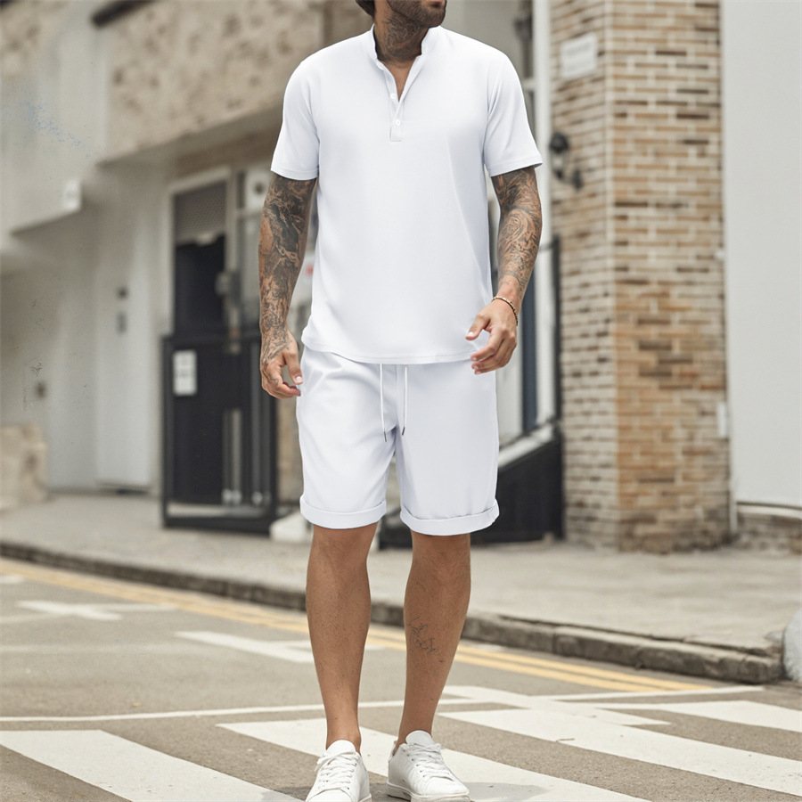 Men's Henley T-shirt And Shorts Set Casual Summer Solid Colour_voghion.com