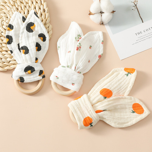 Cross-border best-selling new animal ears biting mouth infant teething toy 100% cotton edible printing rabbit ears