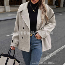 现货2025亚马逊秋季新款女装独立站毛呢宽松版长袖开衫双排扣外套