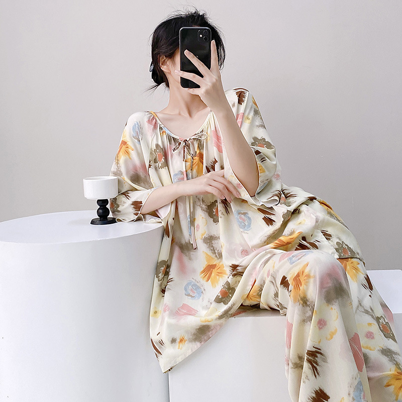 2025 新しい女の子甘い春綿シルクパジャマ女性の長袖ズボン大きいサイズツーピーススーツホームウェアセット|undefined