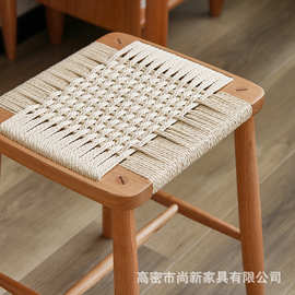 日式实木小方凳北欧樱桃木胡桃木编绳矮凳简约现代编织网红换鞋凳