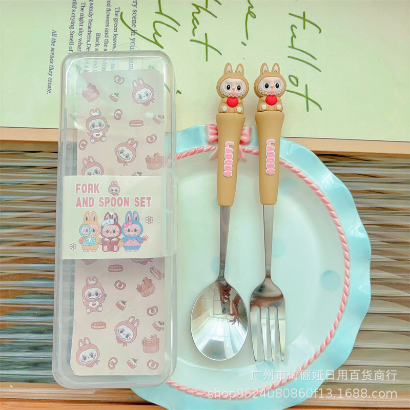 新款盒装不锈钢餐具2件套勺子叉子套装 便携学生库洛米造型餐具|undefined