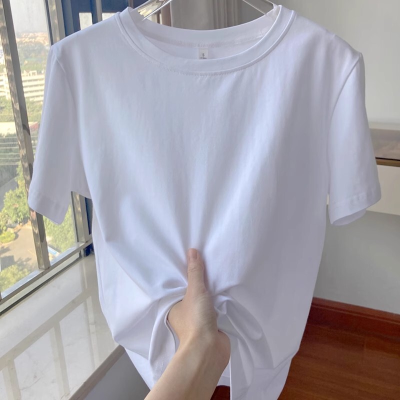 White T-Shirt Women's Summer Cotton Short-Sleeved Right Shoulder Bottoming Shirt Pure White T-Shirt Korean Style Basic Simple Inner Top White T-Shirt Women's Summer Cotton Short-Sleeved Right Shoulder Bottoming Shirt Pure White T-Shirt Korean Style Basic Simple Inner Top
