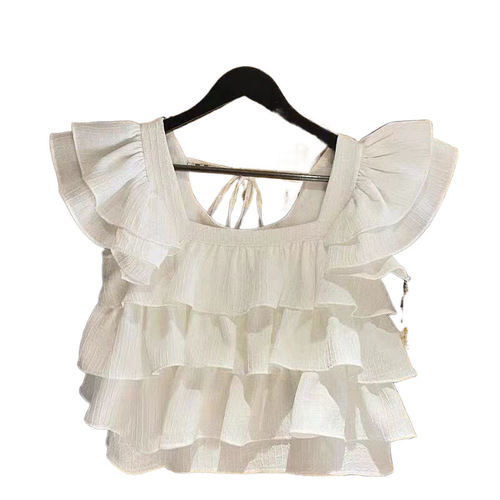 Girls' Summer Vest, Korean-style Fashionable Ruffled Cake-Design Flared-sleeve Shirt—Solid-color Top for Older Kids and Teens