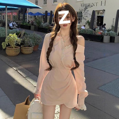 甜美长袖秋装短裙子修身连衣裙衬衫裙收腰蕾丝露肩翻领显瘦法式潮
