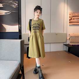 女孩洋气童装短袖T恤长款连衣裙中大童纯色韩系慵懒白色舒适A字裙