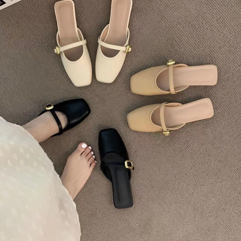 French Style Baotou Half Slippers Women's Outer Wear Spring and Summer 2024 New Arrival Shallow Mouth All-Match Soft Leather Muller Shoes Mary Jane Shoes