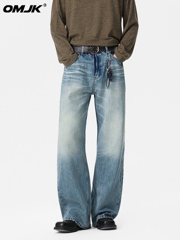 Omjk Washed Vintage Whiskered Jeans for Men, Summer Battle King A-Line Style Loose Straight Long Pants Omjk Washed Vintage Whiskered Jeans for Men, Summer Battle King A-Line Style Loose Straight Long Pants