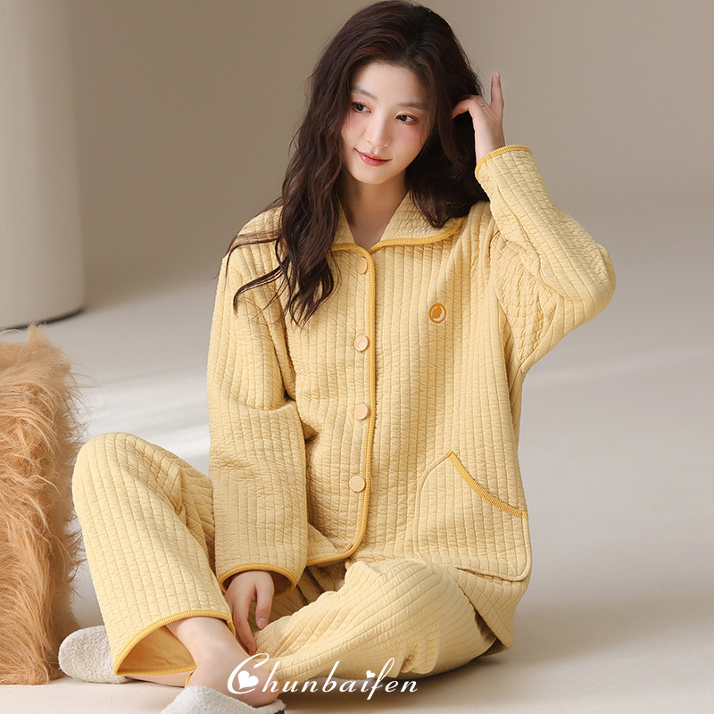Pajamas for Women Autumn and Winter 2025 New Air Cotton Sandwich Pure Cotton Long-Sleeved Thickeneded Warm Home Wear Set Pajamas for Women Autumn and Winter 2025 New Air Cotton Sandwich Pure Cotton Long-Sleeved Thickeneded Warm Home Wear Set