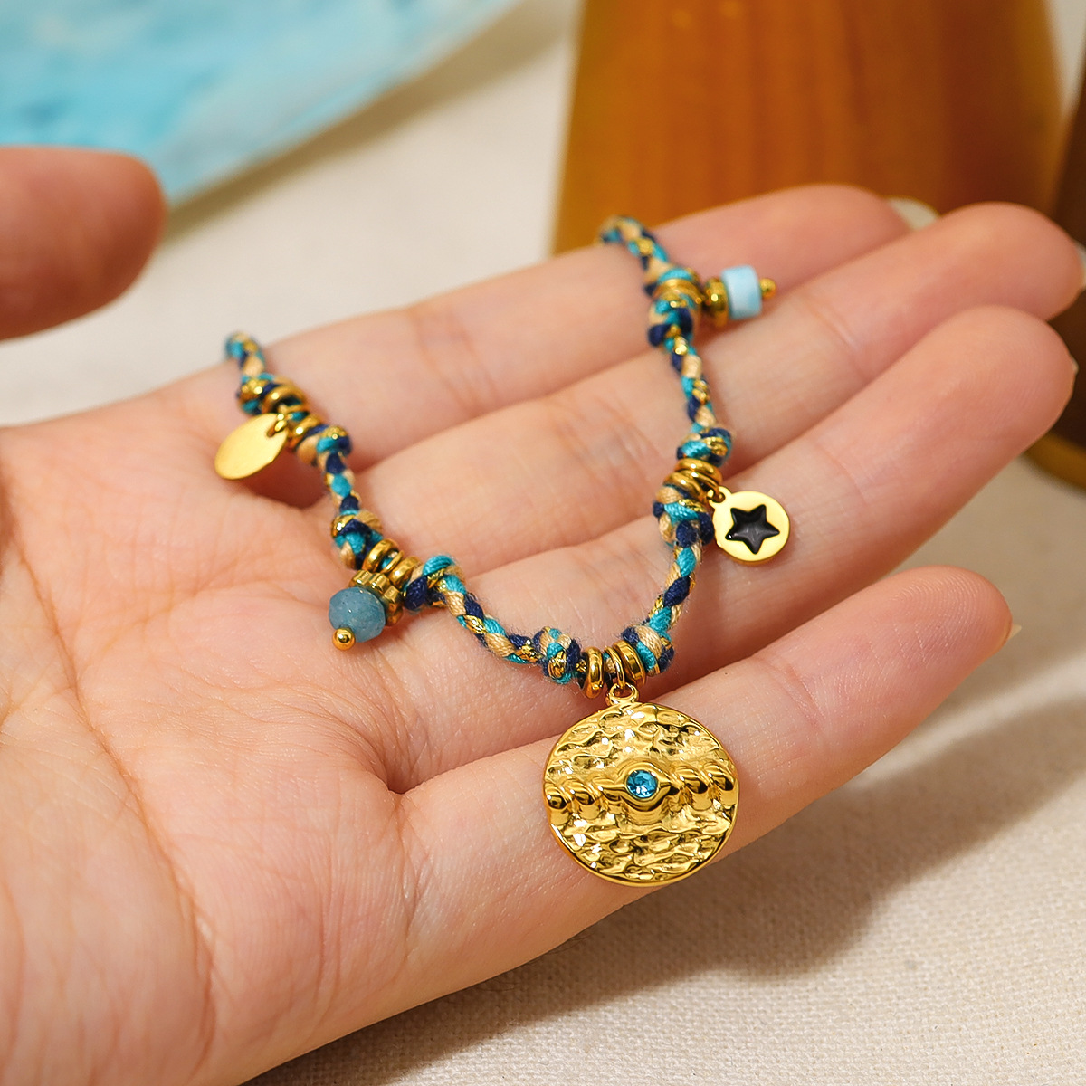 Estilo bohemio 18K Acero inoxidable knock patrón pulsera con incrustaciones de piedra natural vintage pulsera tejida pulsera de comercio exterior