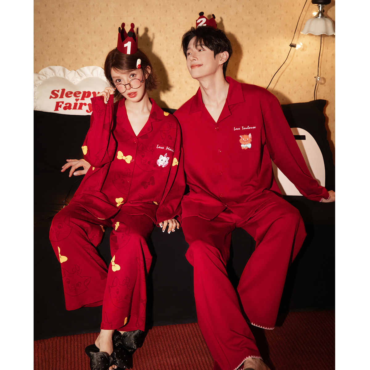 Runma [Light and Soft] Co-Branded Mary Cat Red Couple Pajamas Spring and Autumn Pure Cotton Long-Sleeved Men's Home Clothes
