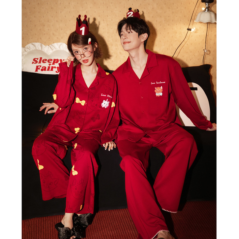 Runma [Light and Soft] Co-Branded Mary Cat Red Couple Pajamas Spring and Autumn Pure Cotton Long-Sleeved Men's Home Clothes