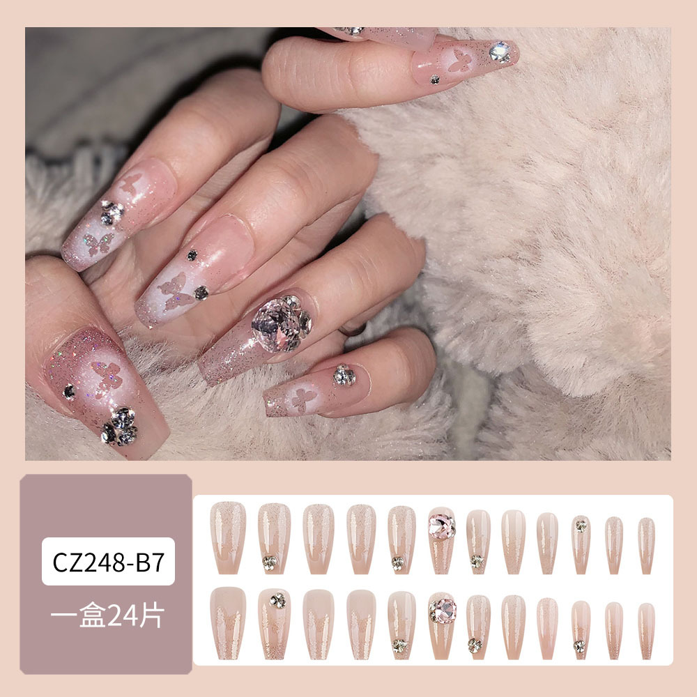 Nuevo parche de uñas falso parche de uñas desmontable mariposa perla diamante incrustado largo desgaste parche de uñas al por mayor ins