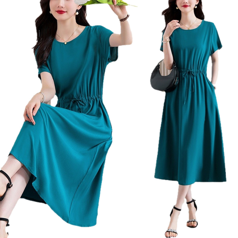 Middle-aged Mother Cotton Silk Dress Women's 50-year-old 60-year-old Grandma Summer Wear Artificial Cotton Short-sleeved Large-size Printed Long Dress