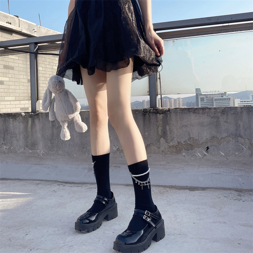 Personalized cool Japanese style dark punk style pearl chain cross JK socks combed cotton half calf socks mid-tube