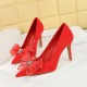 516-H38 Banquet High Heels Slim Heels Women's Shoes Suede Shallow Mouth Pointed Lace Diamond Bow High Heel Single Shoes