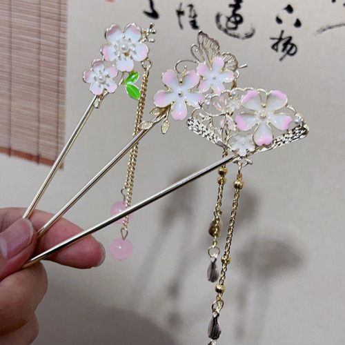 Antique-style fan cherry blossoms butterflies tassel hairpin retro temperament coiled hairpin hair accessory Hanfu hair pendant hairpin head accessory hair decoration