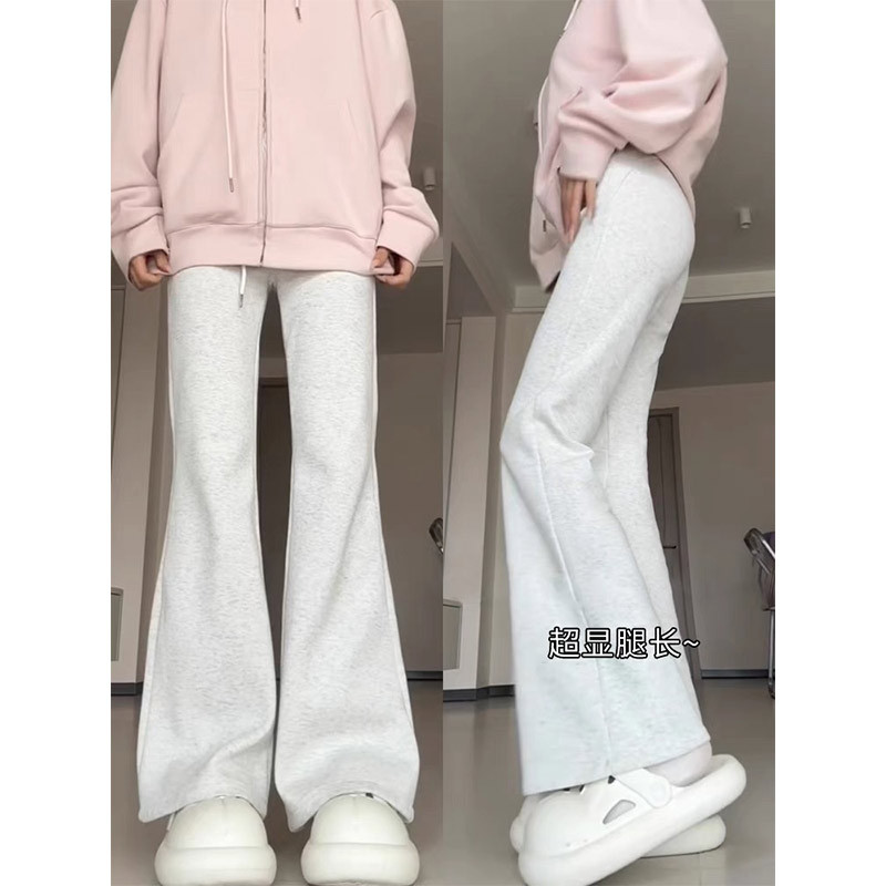 Gray American-Style Flared Pants for Women, Autumn and Winter, Fleece-Lined, 2026 New High-Waisted Slim-Fit Petite Casual Sports Sweatpants