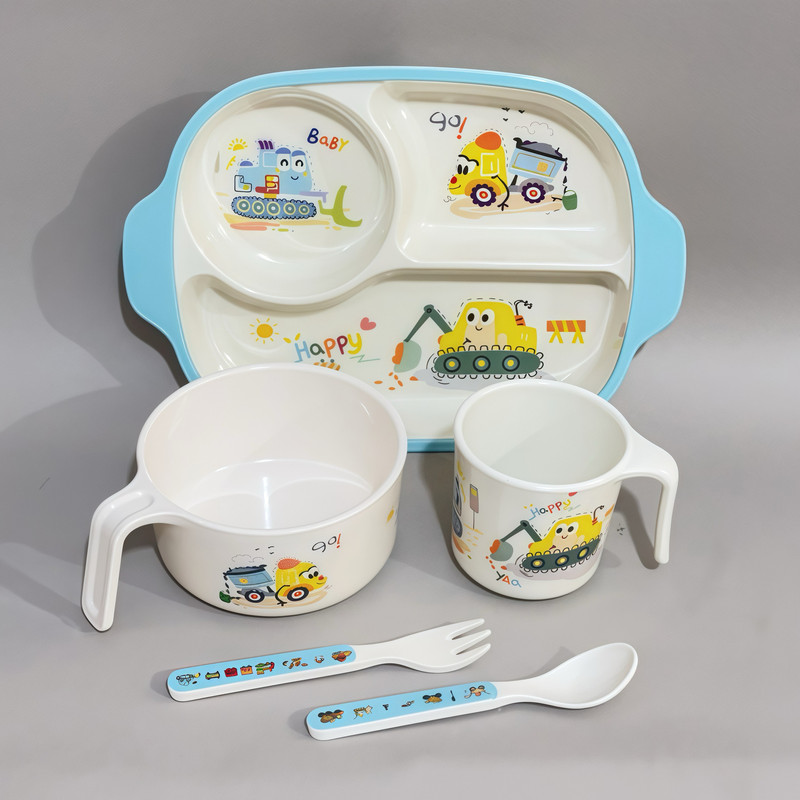 Bamboo Fiber Cute Cartoon Children's Tableware Set: Baby Feeding Bowl with Anti-Scald Handle, Deepened Divided Plate, Five-Piece Set