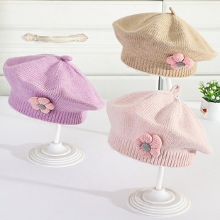 Baby Hat Autumn and Winter Women's Baby Cute Flower Beret Children's Wool Hat Girls' Knitted Painter Hat Trendy