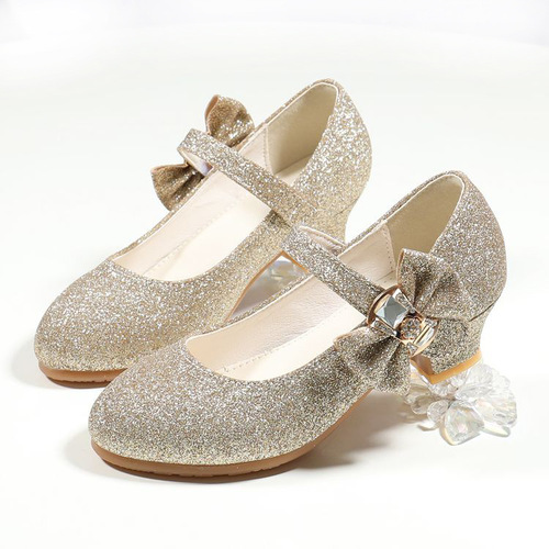  Autumn New Girls' Low Heel Leather Shoes with Glittered Upper and Bow Decoration Children's Dance Single Shoes