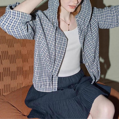 法式蓝色格子长袖衬衫女早秋新款韩版百搭连帽休闲单排扣长袖上衣