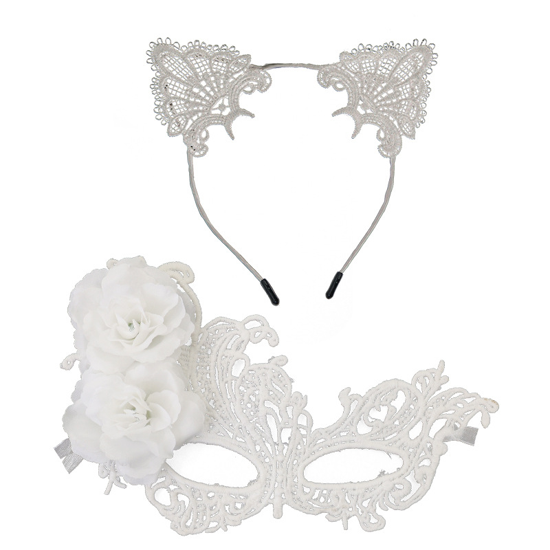 Halloween nueva máscara de encaje de rosa caliente misteriosa sexy mitad cara adorable gato orejas conjunto de banda de pelo