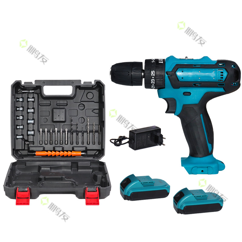 Taladro de mano de impacto eléctrico transfronterizo, destornillador, taladro de litio, taladro de carga de batería de litio de doble velocidad multifuncional