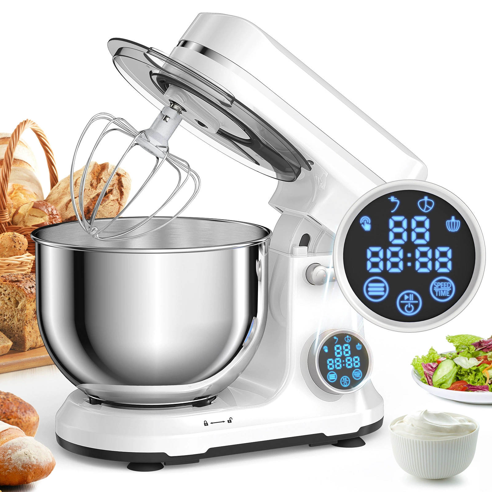 DC бесшумная миксер для теста BM602E, чаша из нержавеющей стали 5 л, 1200 Вт DC мотор, OLED сенсорный экран